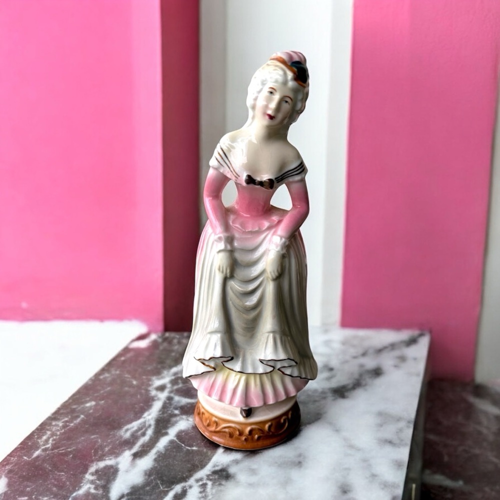 Vintage Moriyama Porcelain Colonial Lady Figurine 7.5" Pink Occupied Japan!